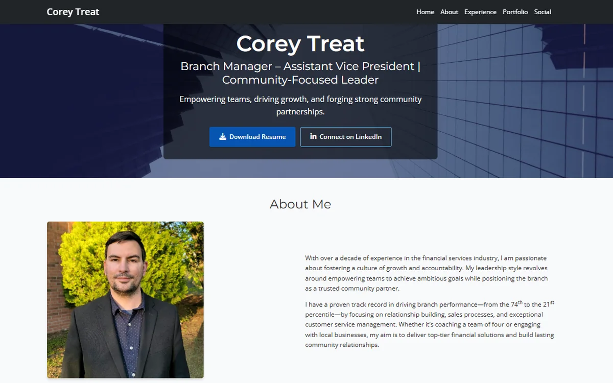 Corey Treat resume website screenshot